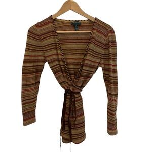 Lauren Jeans Company Ralph Lauren SzM Linen Blend Multicolor Striped Wrap Top